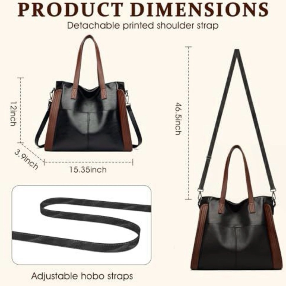 NEW Yaldomt Black/Brown Leather Bag Multi Pocket Zipper Closure - Picture 7 of 8